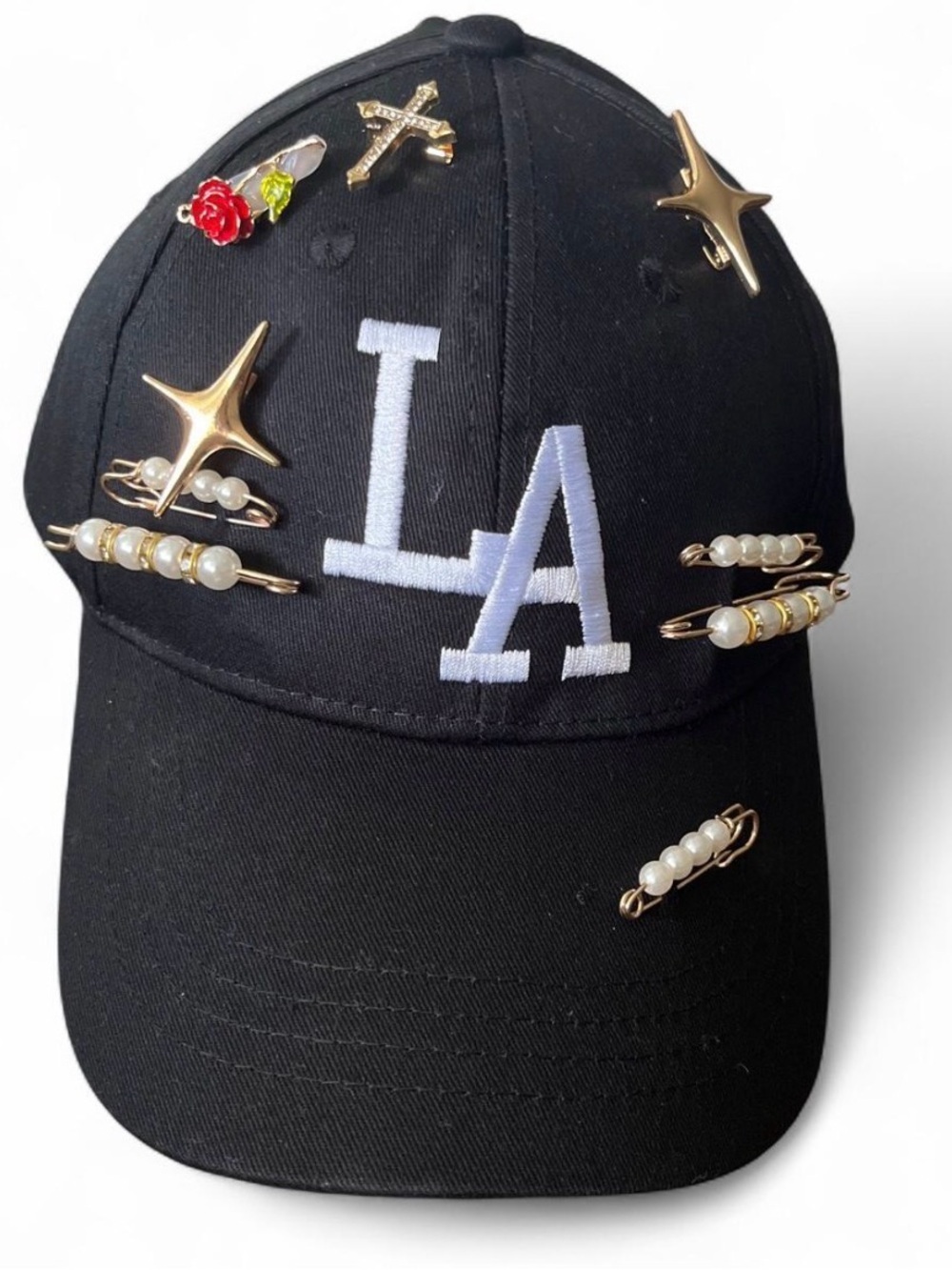 Black LA Baseball Cap with Pearl & Gold Pin Accents